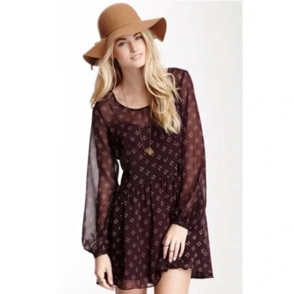 Free People Maroon Chiffon Long Sleeve Fit & Flare Dress size Medium - Picture 5 of 16